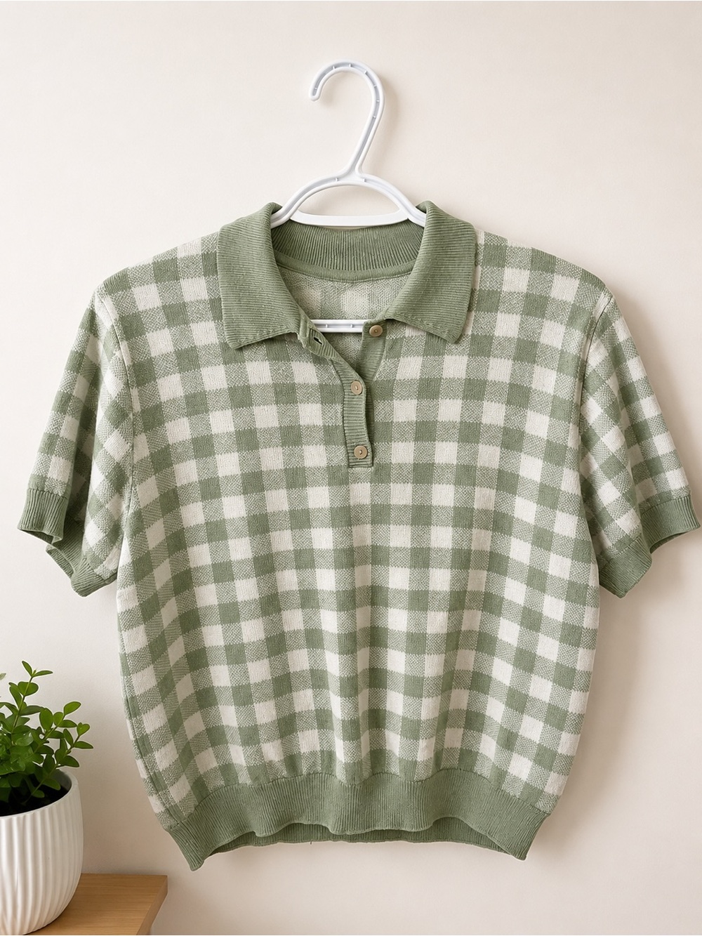 Zara Gingham Short-Sleeve Polo Top in Sage Green